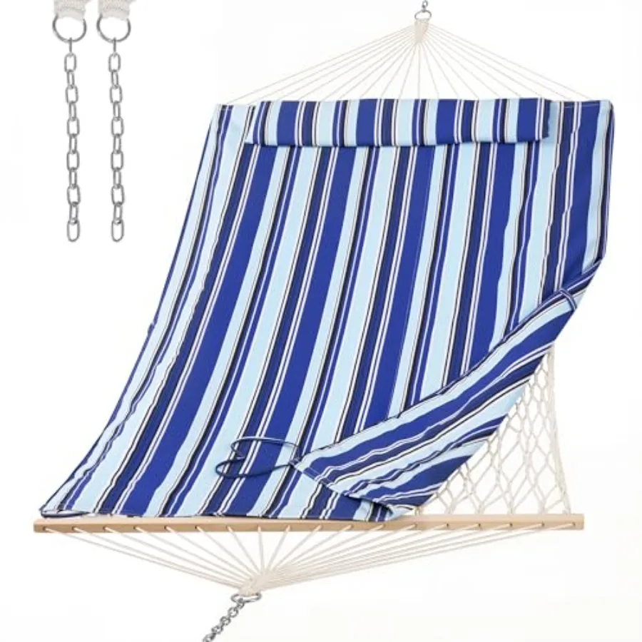 2 Person Outdoor Hammock with Hardwood Spreader Bar and Polyester Pad Blue Stripes 475 lbs Capacity Durable Polyester Fabric