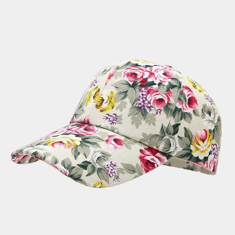 Women\'s Floral Print Flower Baseball Caps Ladies New Shade Couple Hats Outdoor Stretch Flowers Leaves Summer Canvas Baseball Cap