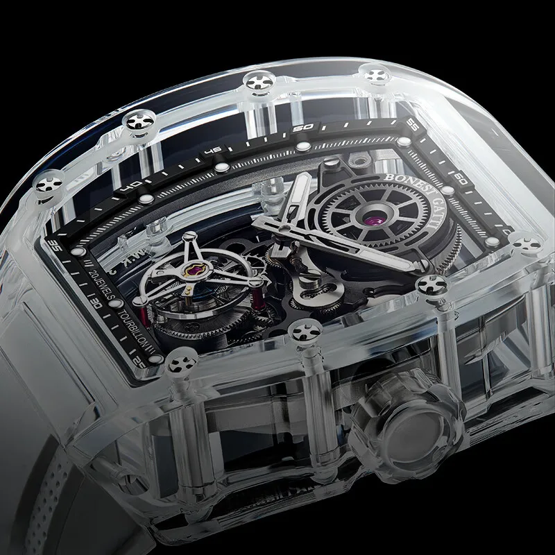 BONEST GATTI Men Automatic Watch Real Tourbillon Tonneau Mechanical Wristwatch Crystal Case Luminous Fluororubber Strap