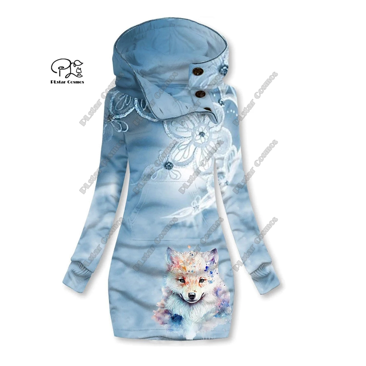 3D printing Christmas snowflake animal series cute fox pattern special collar women\'s long sweater dress casual and warm