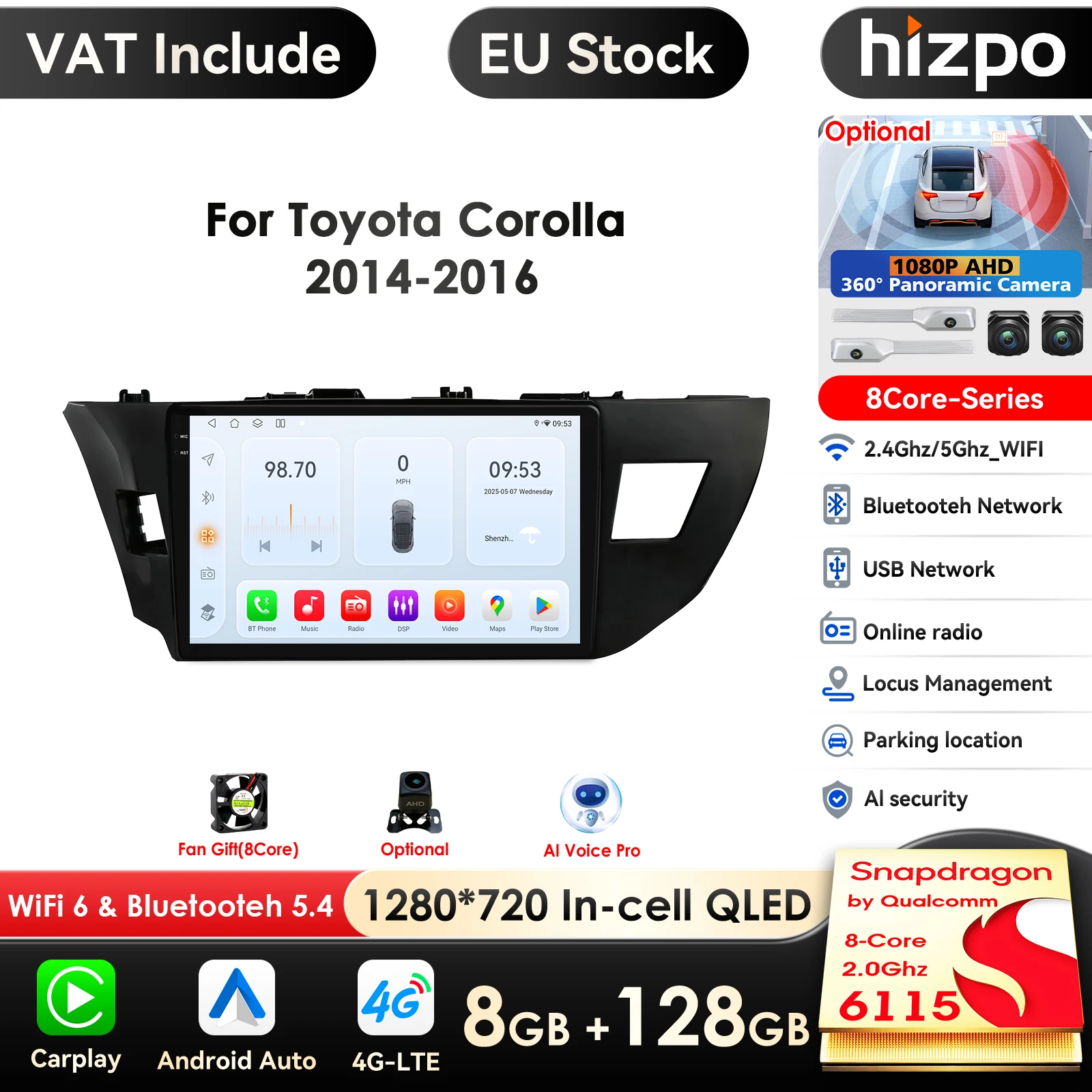 10.1 inch 4G-LTE Carplay Android Car Radio For Toyota Corolla 2014 2015 2016 E160 E170 Car Multimedia Player GPS Auto Stereo RDS