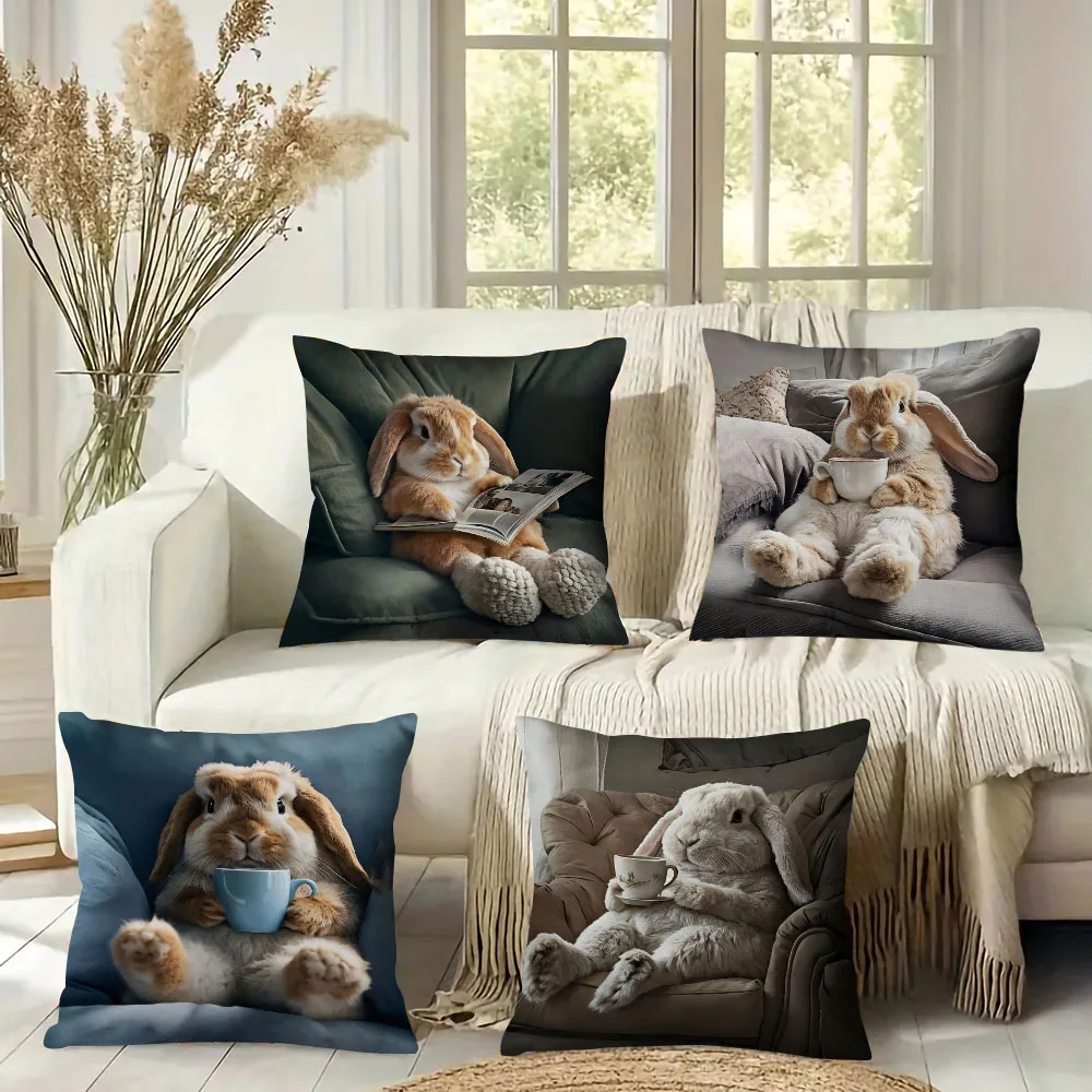 Niedliches Hasen-Sofakissen 45x45cm Plüsch-Kissenbezug Wohnzimmer Dekorative Kissen-Sets Weiche Hasen-Print Zierkissen