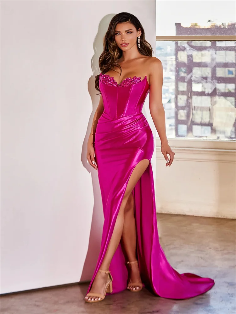 Hot Selling Scoop Neckline Bodice Mermaid Evening Dress Elegant Open Back Lace Up High Slit Sweep Train Party Gowns for Women