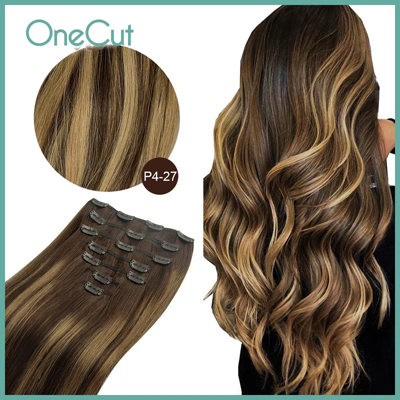 Clip de cabeza completa de onda corporal, extensión de cabello brasileño humano, hecho a máquina, horquillas de Cabello 100% Remy, Color puro