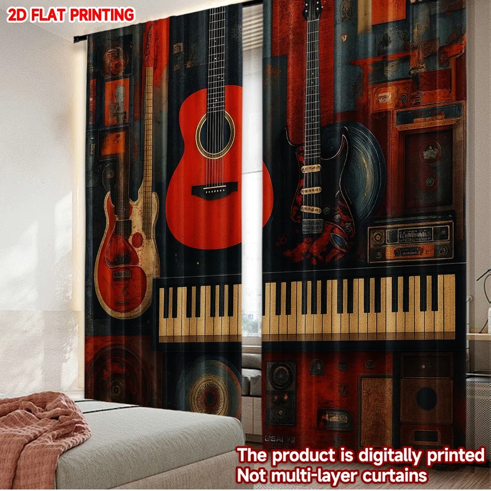 2D flat printing 2pcs Curtain Retro Musical Instruments Display Digital Printed Polyester Drapes Party Decorations for Parties