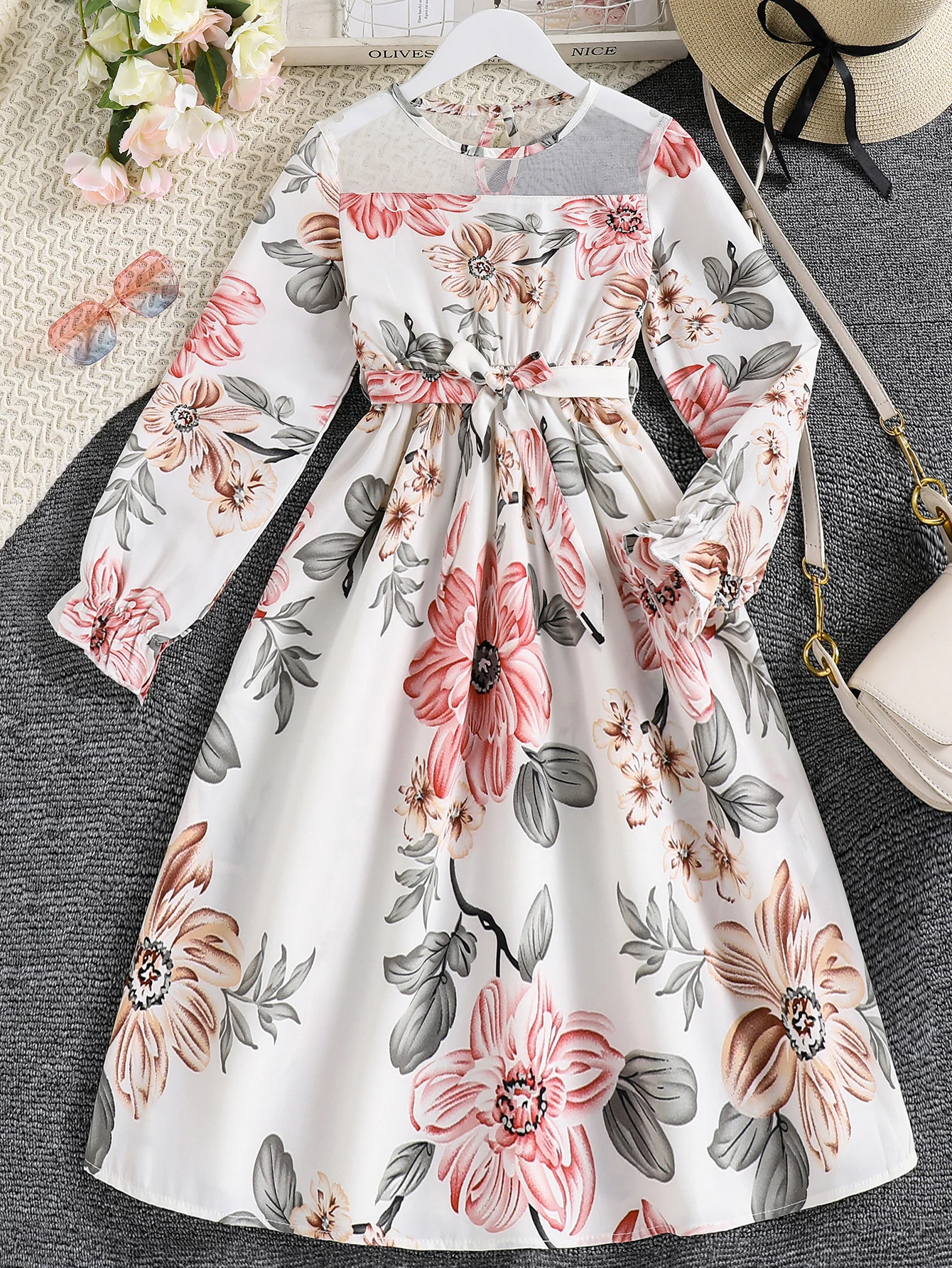 Summer New Girls Long-Sleeved Retro Printed Mesh Round Neck Splicing Casual Simple Korean Style Dress