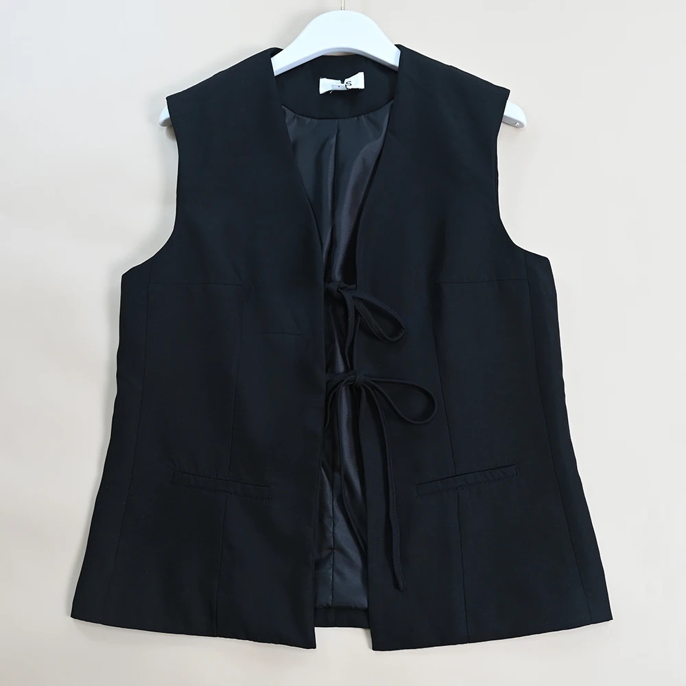 

Autumn New Sle Women's Cotton Linen Blend V-ne Belted Slim Fit Svel Vest Faionable Commute Pure Color