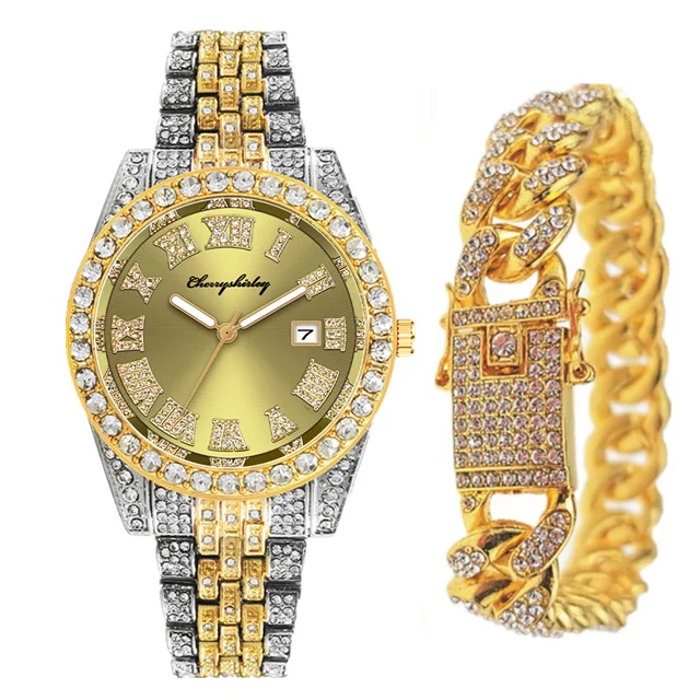 

2PCS Full Iced Out Watches Mens Bracelet Bling Luxury Watch Diamond Jewelry for Men Gold Watch HipHop Mens Watch Set Clocks Gift