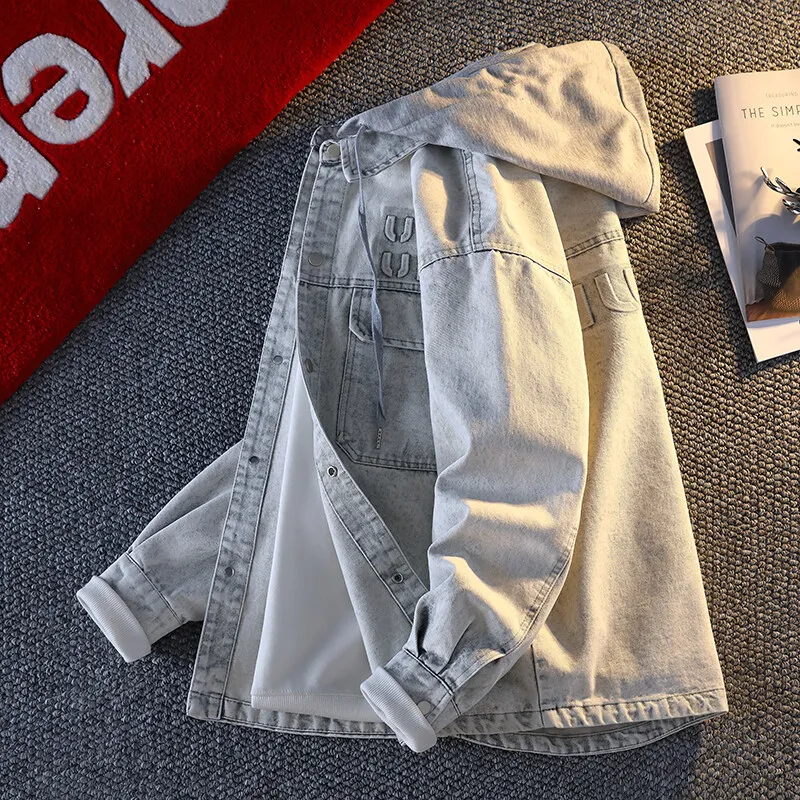 2025 spring Men Solid Denim Jackets Fashion Motorcycle Vintage Jeans Jackets Hommes Slim Fit Cotton Coat Casual Hooded Coats