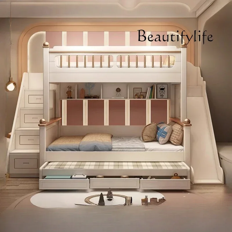ZL R 135x190cm Wood Mattress Bunk Bed With Slide Ladder King Size Frame 3 Drawers Storage Kids Loft Bed Queen Bed 2 People Furni