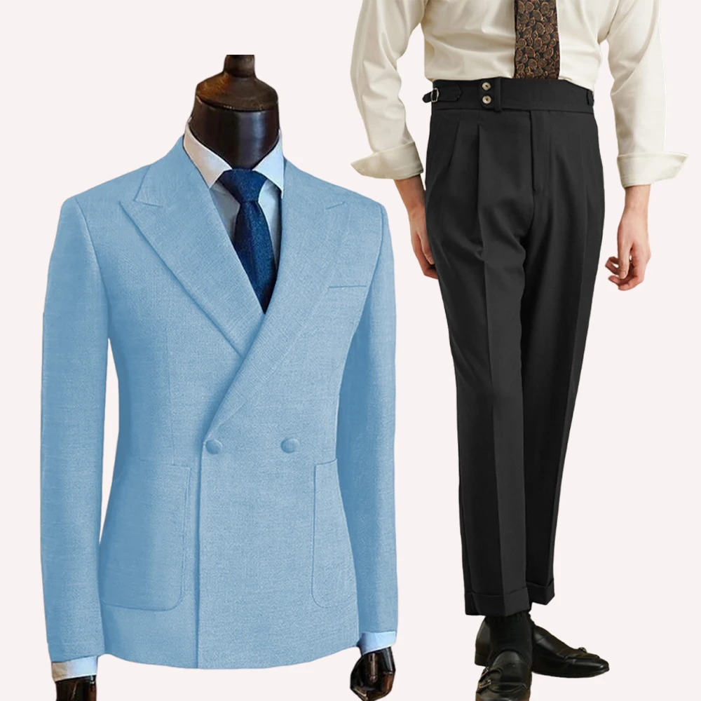 

Linen men's Casual Suit Jacket Double breasted solid color Man Blazers Men straight leg Casual Trousers Man suit Coat Pants Set