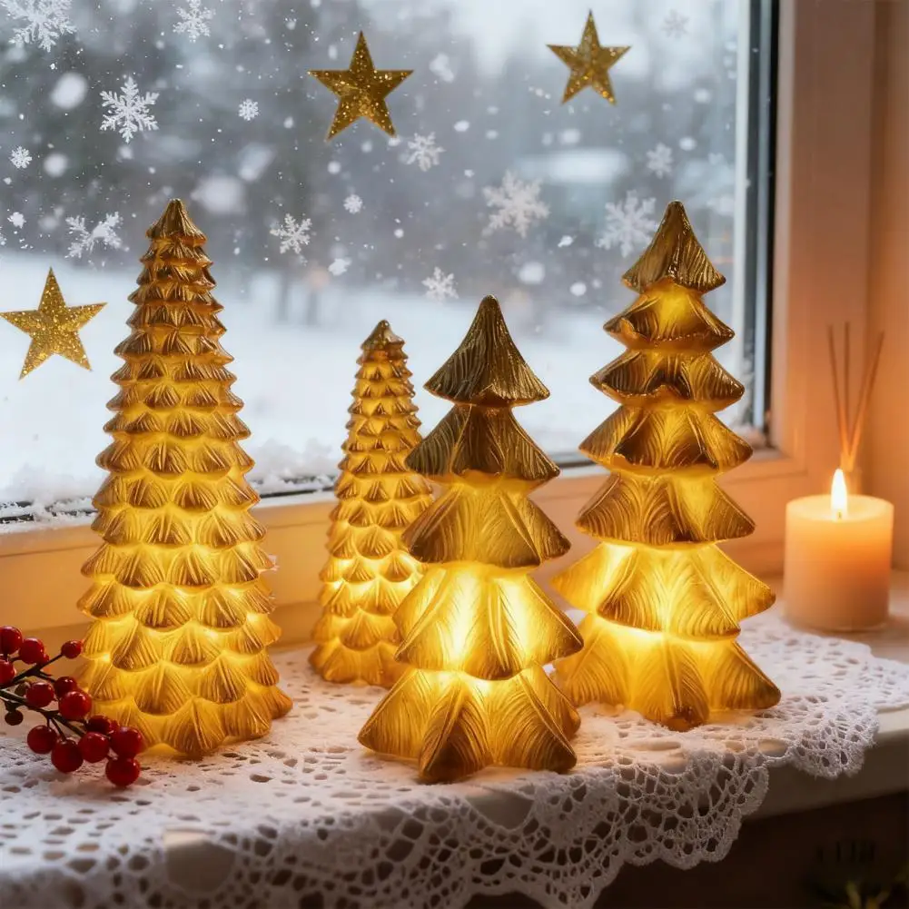 

Pine Needle Texture Ornament Resin Christmas Tree Figurines for Holiday Mantel Desk Decor Set of 4 Light Up Xmas Trees for Home