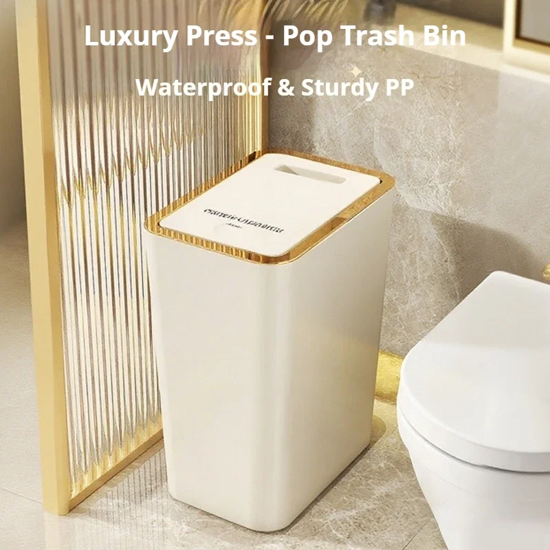 1pc High End Feeling Light Luxury Household Trash Can with Lid Toilet Kitchen Bathroom Large Size Press Narrow Seam Trash Can