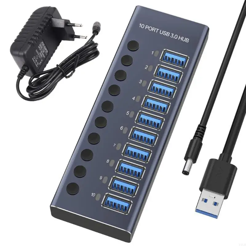 Y1UB USB Hub 10-Port USB Adapter 12V 5Gbps Data Transfer with Individual Switches USB Splitter for Laptop PC Efficient