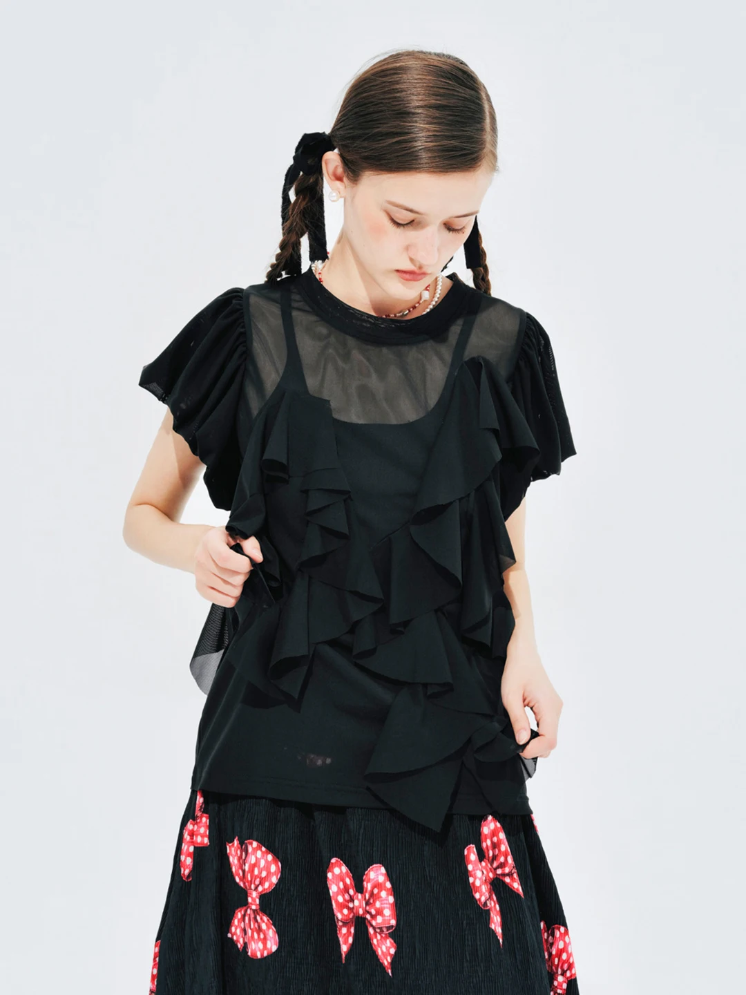 IMAKOKONI original black short-sleeved lace stitching thin mesh summer top ladies 244658