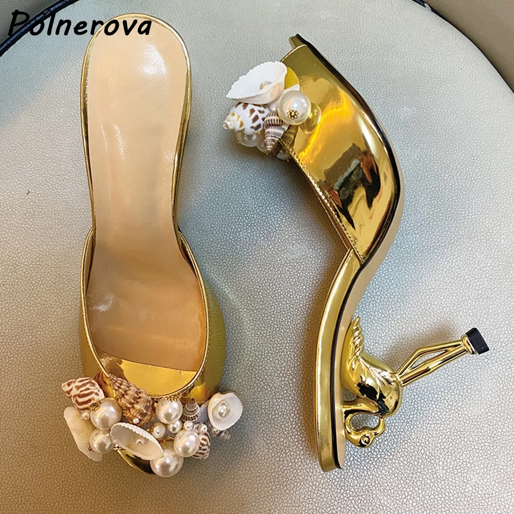 Shell Pearl Flamingo Heels Slippers Peep Toe Slip On High Heels Luxury Slingback Shoes Summer Runway Elegant Solid Shoes 2025