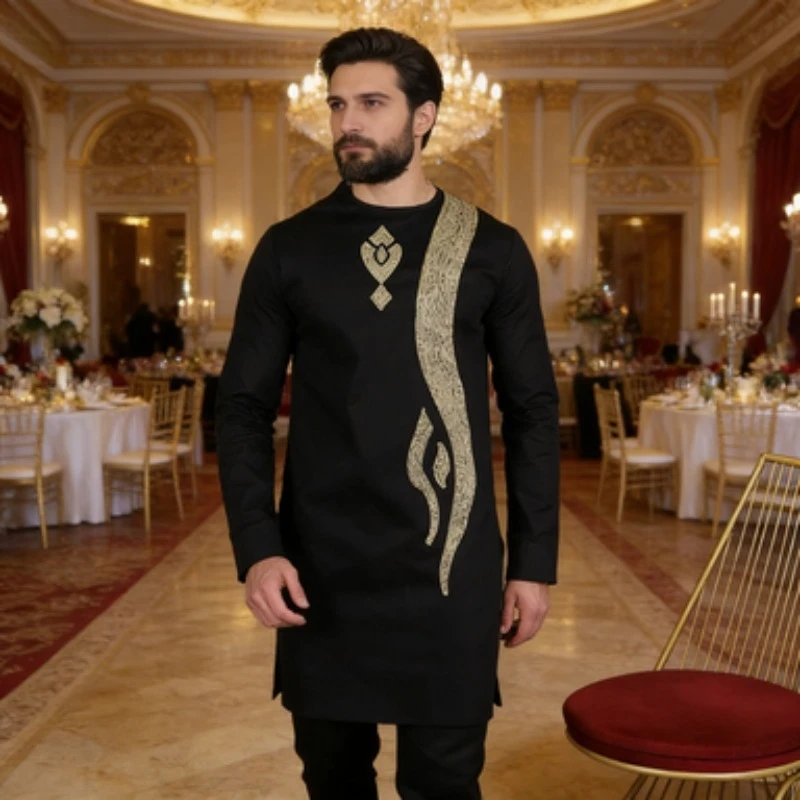 

Традиционный мусульманский африканский свадебный костюм для мужчин, 2-х предметный комплект с круглым вырезом, длинными рукавами и брюками.