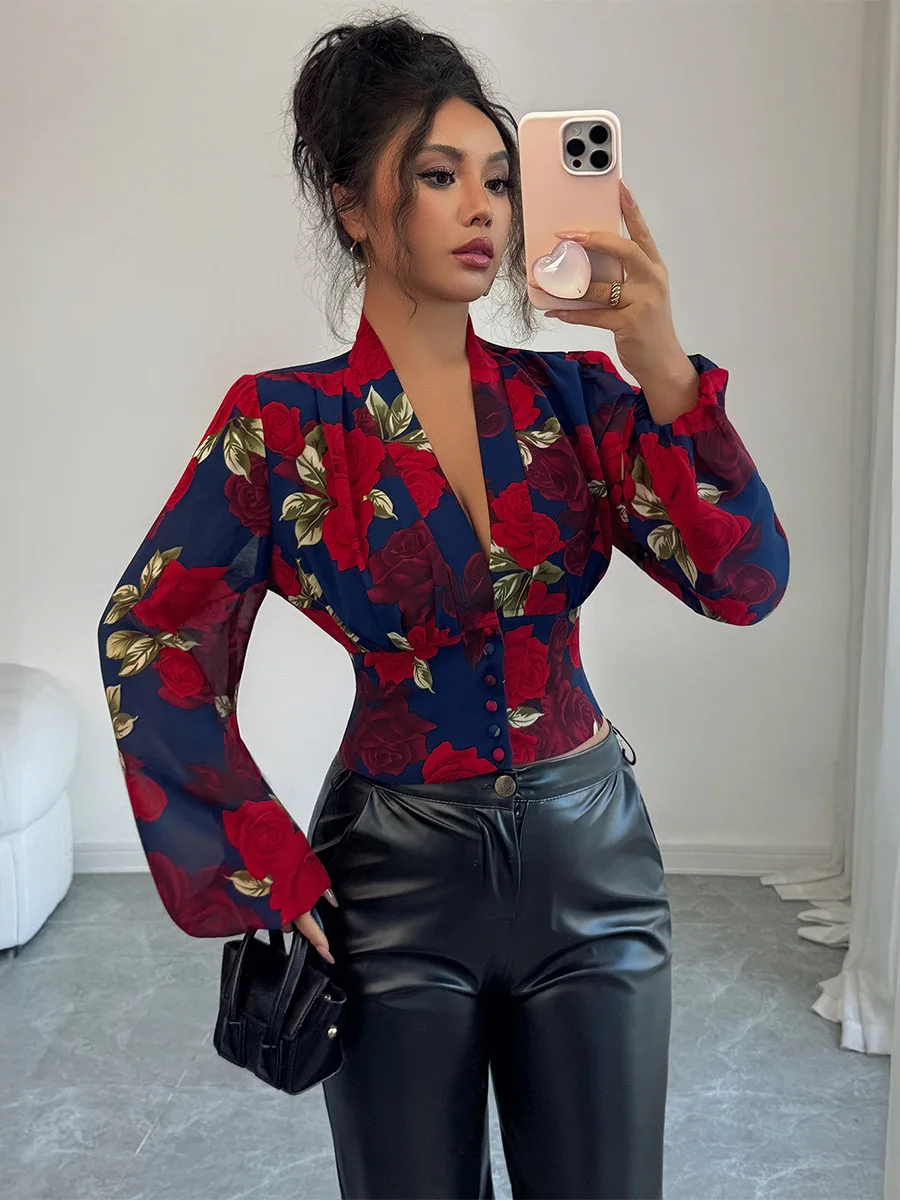 Ele Long Sve Mujer Cuello estampado irt Europeo Sle Bubble Sve Tela de poliéster Niña Otoño Faion irt