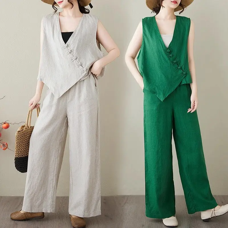 

Женский льняной комплект из 2 предметов — летний топ без рукавов с асимметричной пряжкой 2023 года и свободные широкие брюки, дышащий удобный наряд G