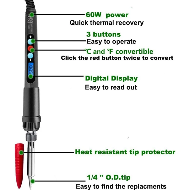 60W Digital Soldering Iron Heat Set Insert Tool Soldering Tips Kit With Extra Soldering Tips And Heat Set Insert Tips,US Plug