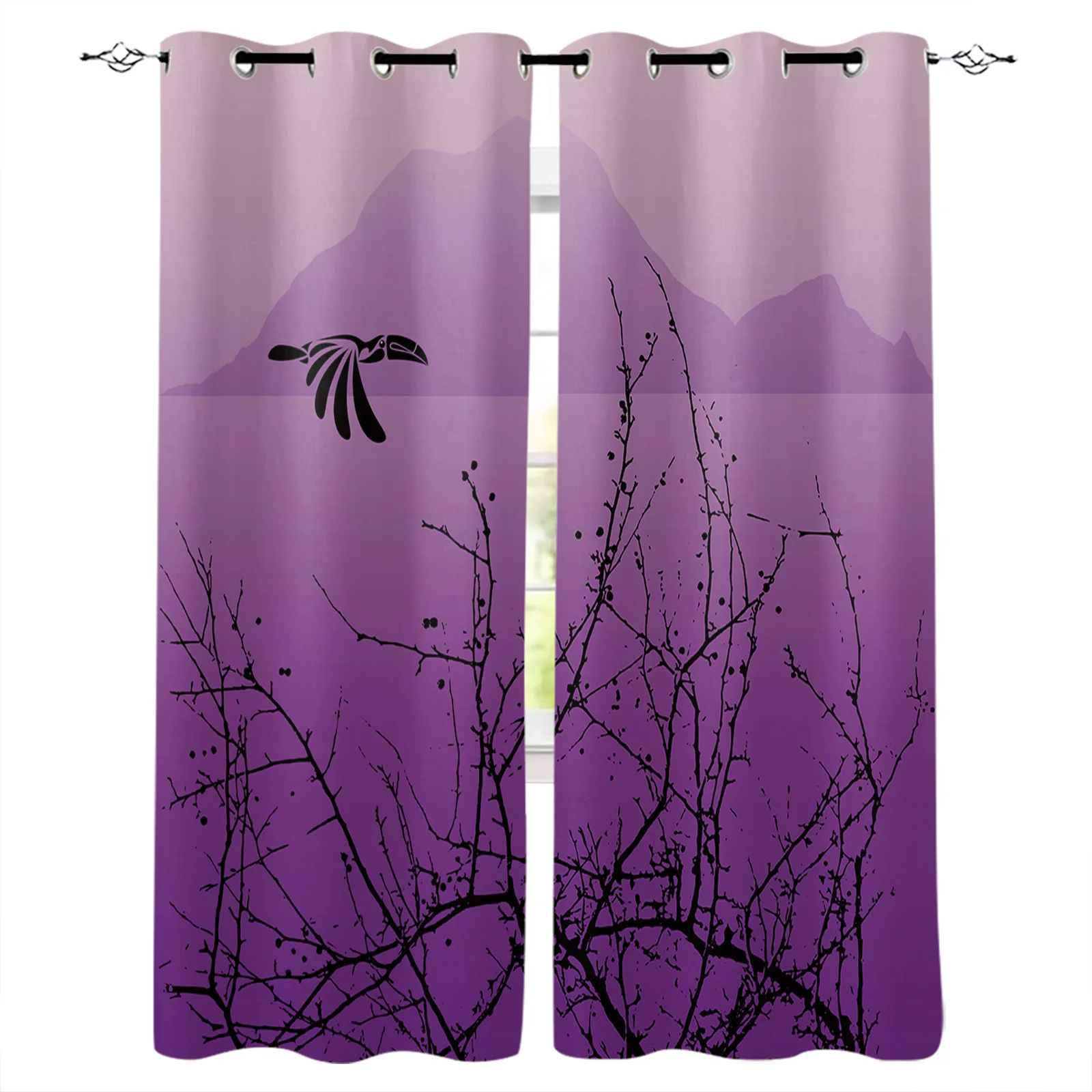 Purple Crow Branch Peak Gradient Black Print Window Curtains Luxury European Curtains for Living Room Balcony Hotel Cafe Drapes