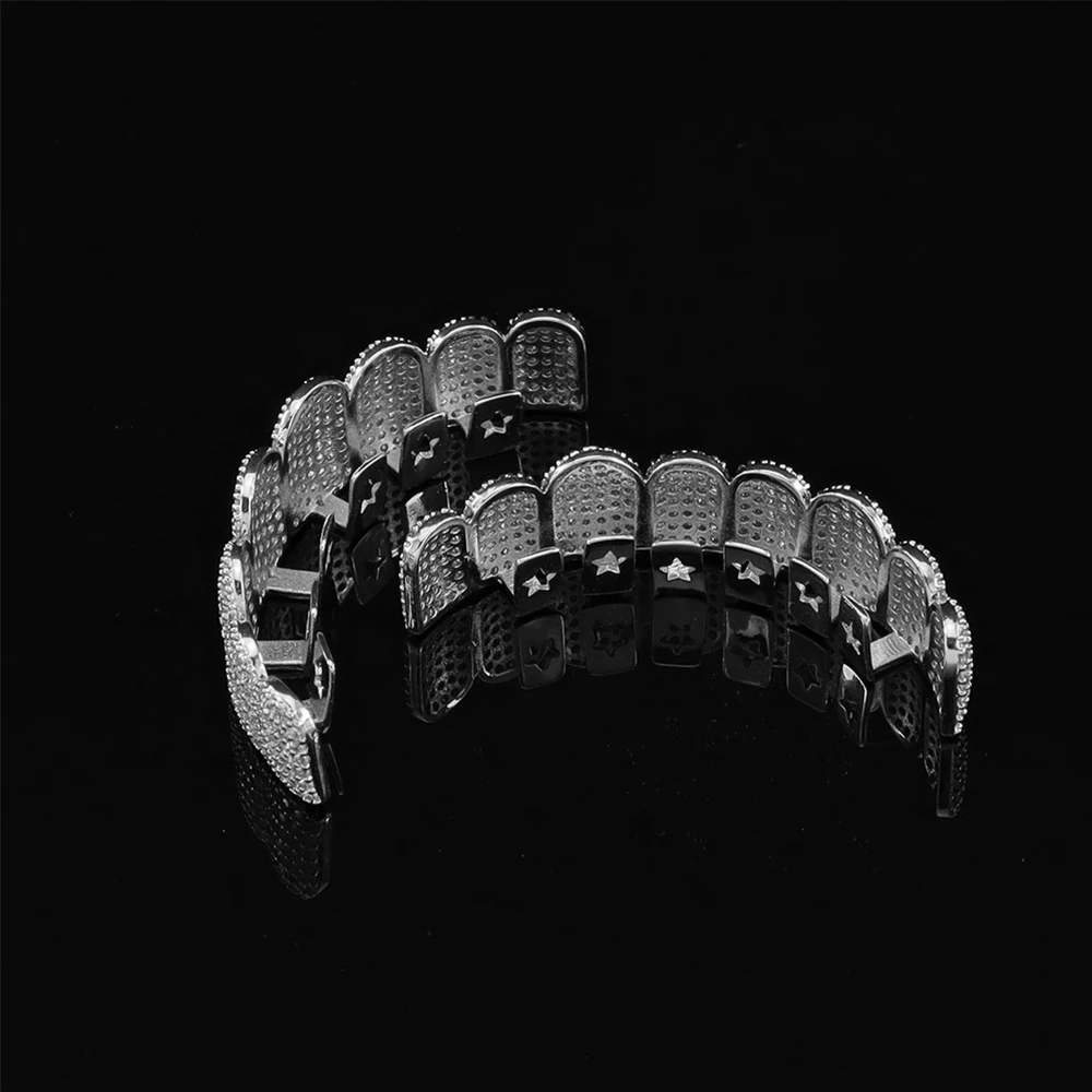 Silver Plated Full Iced Out CZ Zircon Teeth Grillz Top & Bottom Hip Hop Mouth Grills with Silicone Molds for Rapper Cosplay view 4