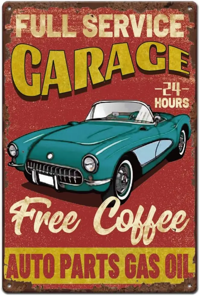 Full Service Garage Tin Sign Vintage Metal Sign for Garage Signs Metal 24-7 Car Service Parts Repairs and Drink Free Coffee Met