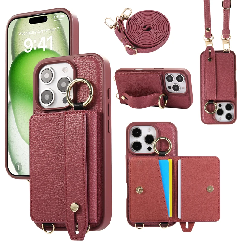

For iPhone 16 Pro Max ,16 Pro,16 Plus Case ELVEV Luxury PU Leather Design Wrist band All-around Shockproof with Lanyard Card Bag