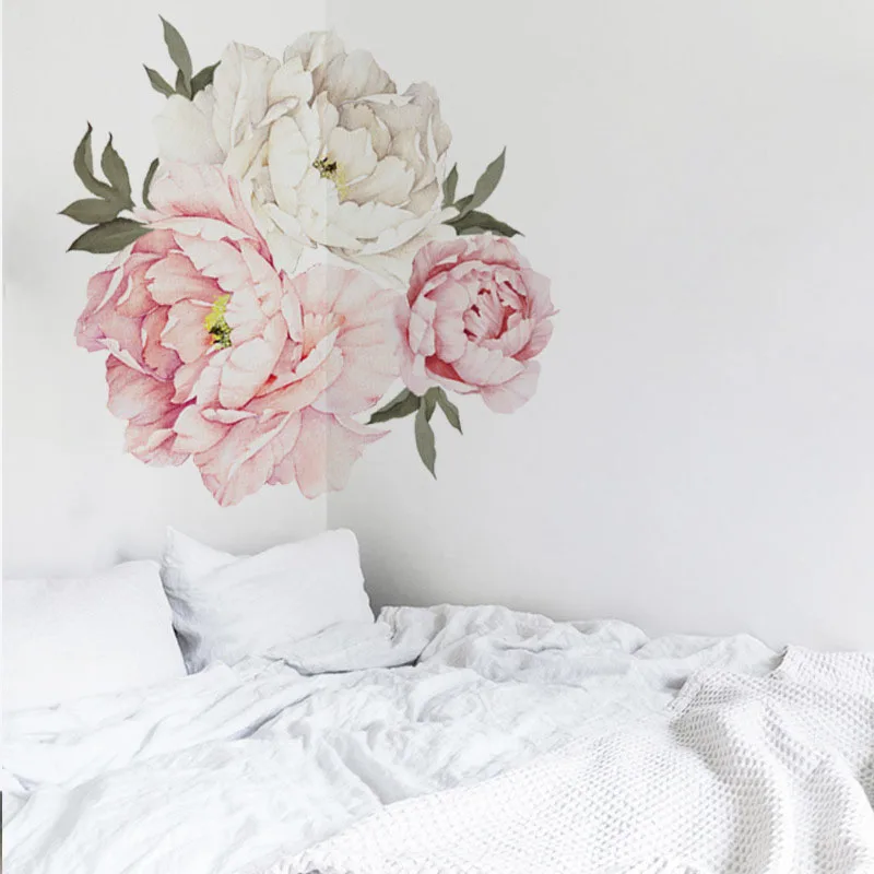 Aquarell Rosa-Weiß Pfingstrosen-Blumen-Wandaufkleber Große Pfingstrosenblüte Grünes Blatt Vinyl-Aufkleber für Schlafzimmer Wohnzimmer Heimwanddekoration