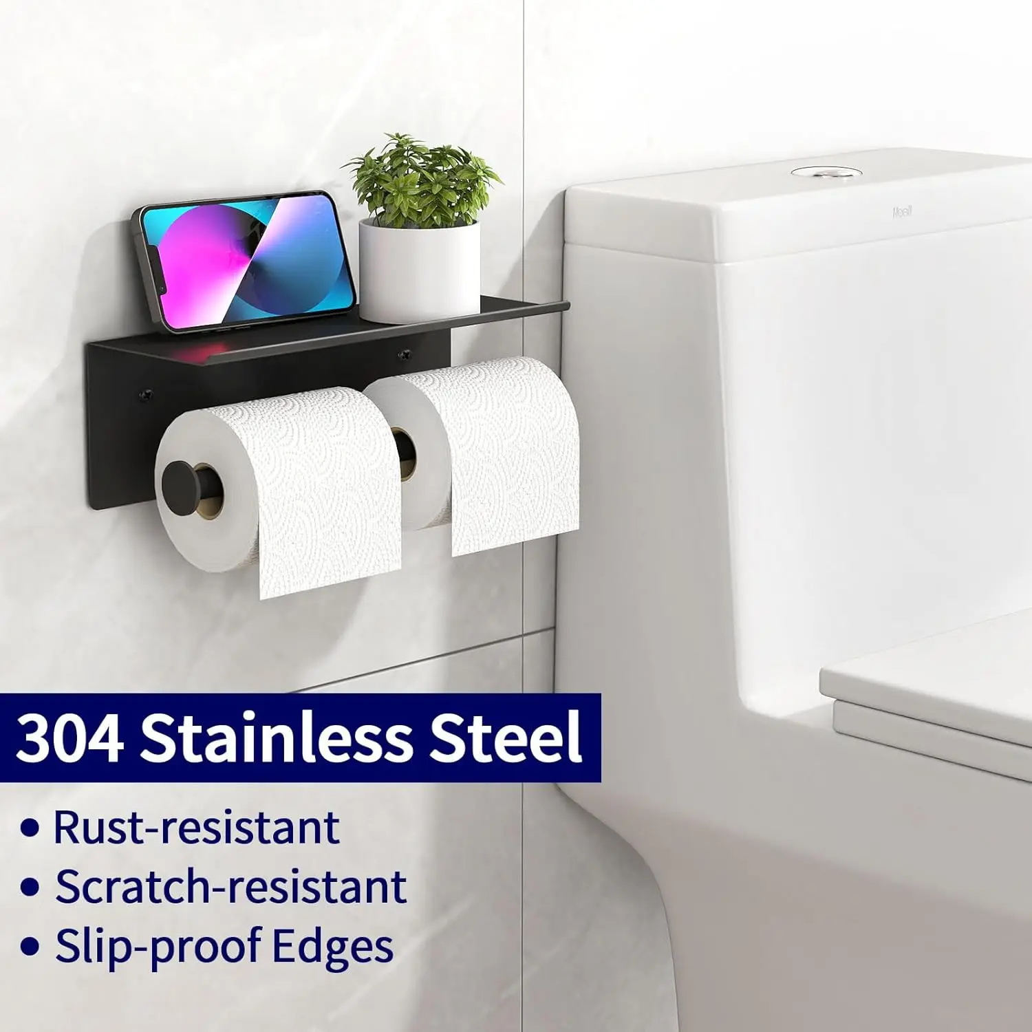 Soporte de papel higiénico con estante Montado en la pared Organizador de almacenamiento de papel higiénico Acero inoxidable Doble Rollo Porta pañuelos Dispensador