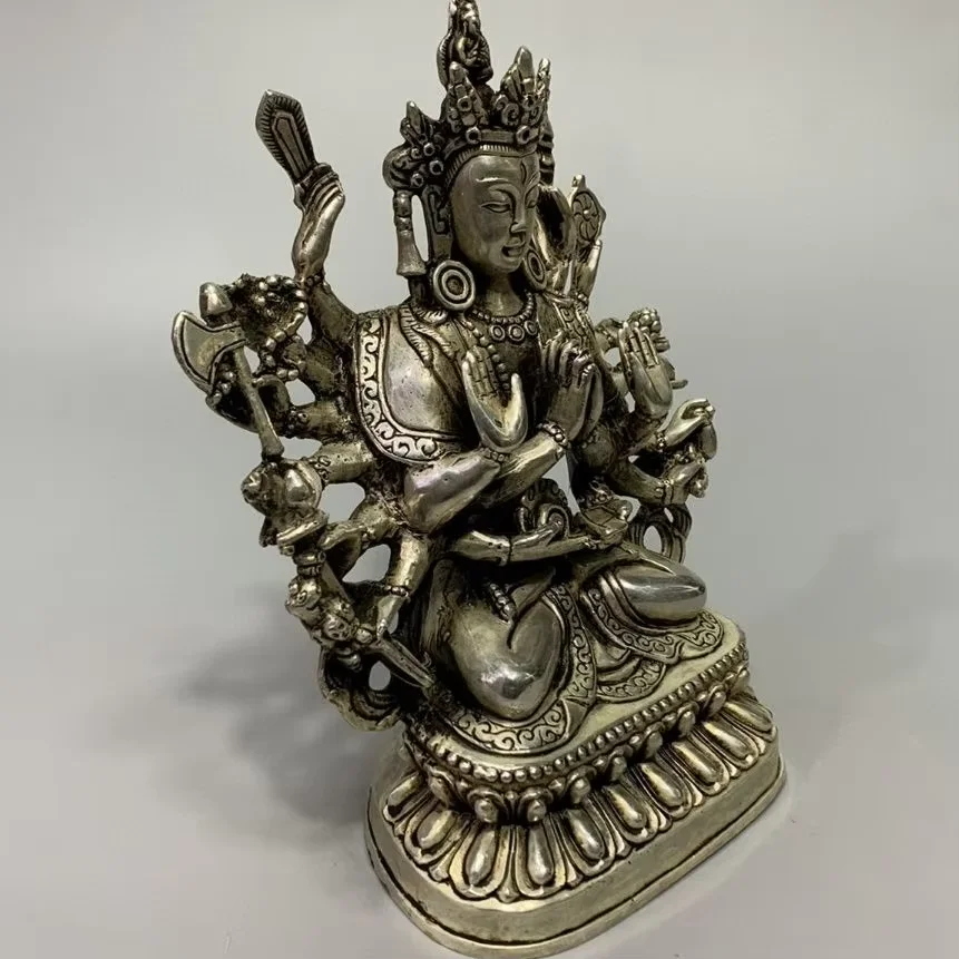 Old Chinese Tibet Silver Handmade Nepal Thousand Handed Guanyin Bodhisattva Statue