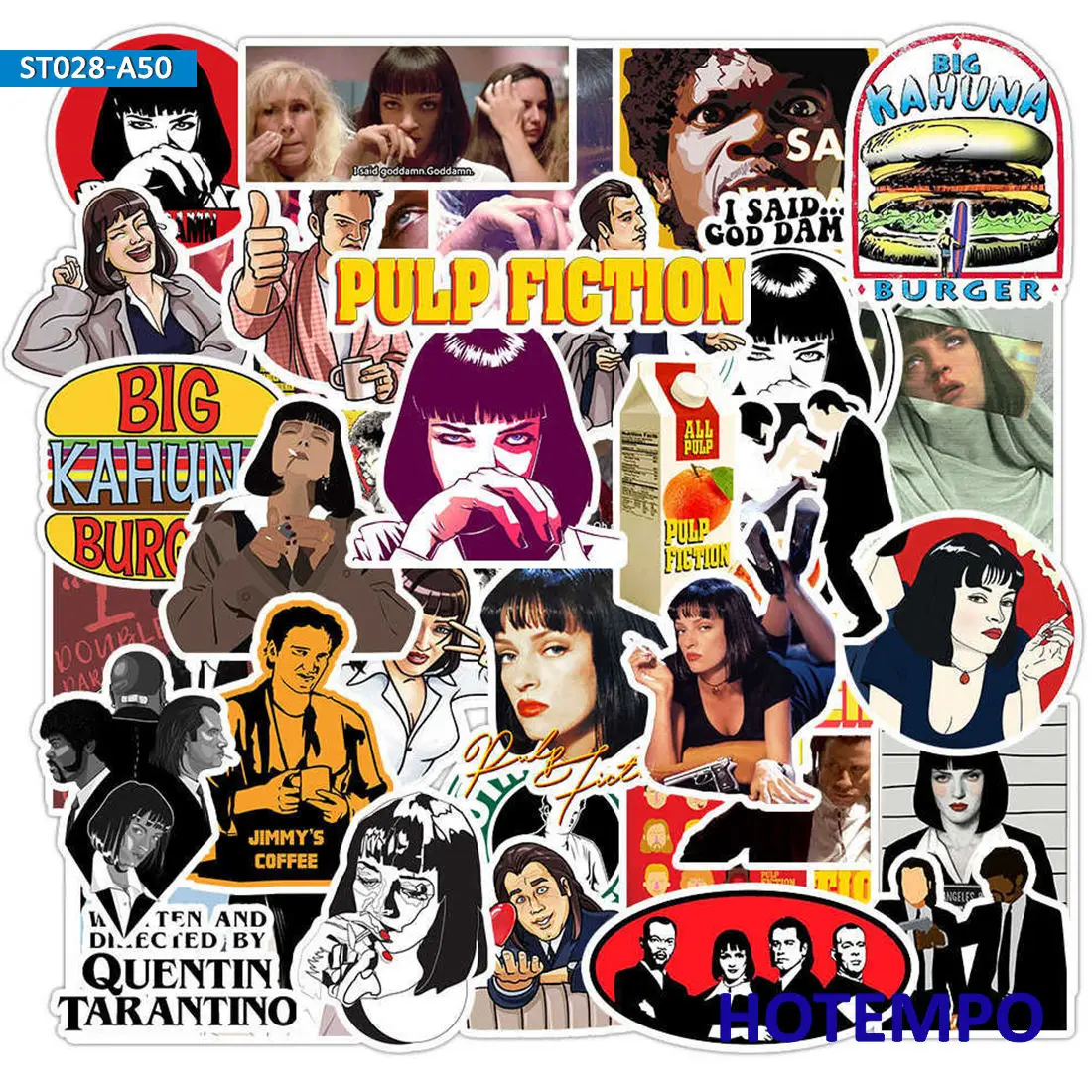 50pcs Classic Movie Pulp Fiction Mix Pattern Shape Graffiti Decals Stickers Pack for Phone Laptop Luggage Skateboard Car Sticker