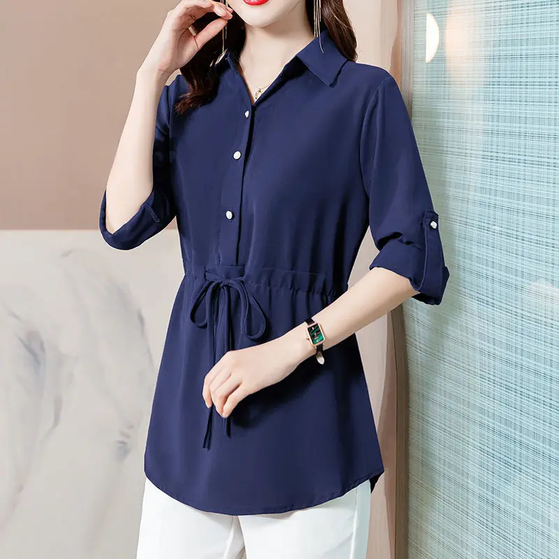 Thin Solid Long Casual Chiffon Button Turn-down Collar Drawstring Women Shirt Women\'s Clothing 2022 Temperament Spring Summer