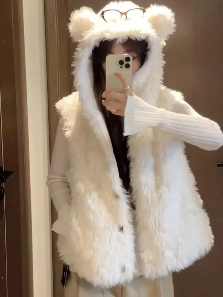 Winter Bear Ears Cute Vest Women Sweet Warm Faux Lamb Kawaii Tops Coat Korean Casual Preppy Style Female Single Breasted Vest