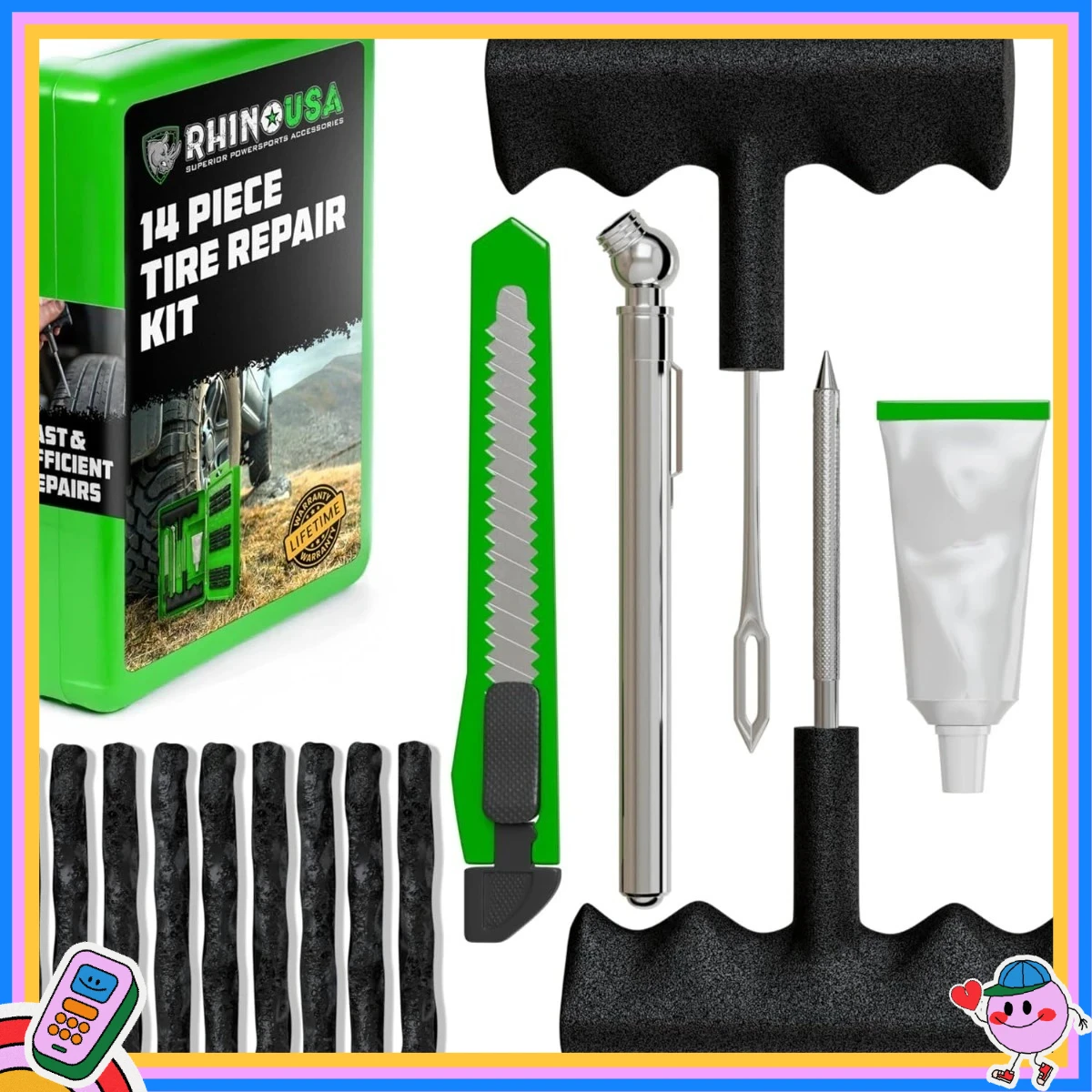 

Compact 14-piece tire repair kit – heavy-duty plug set with lubricant for patching punctures and sealing leaks