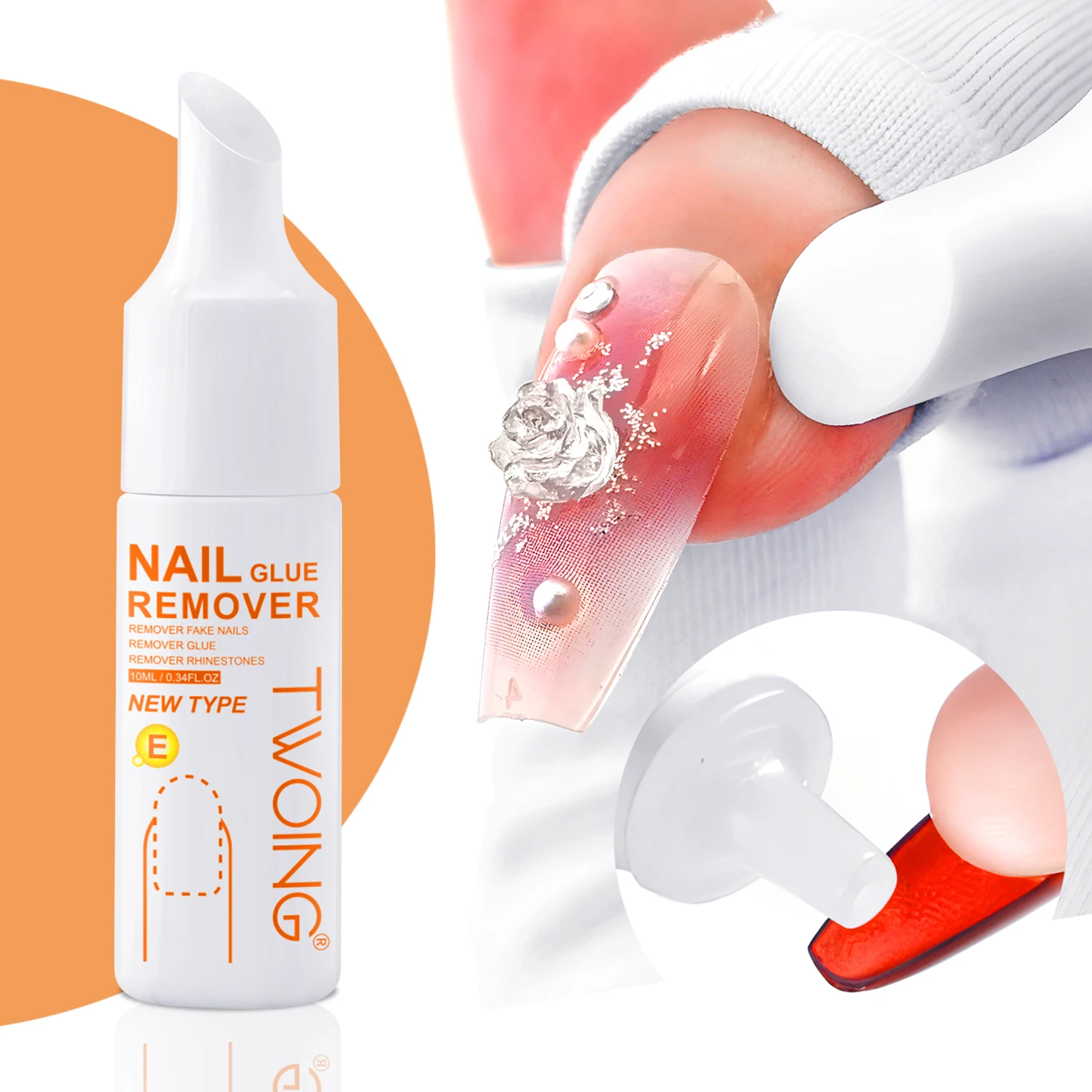 TWOING 10ml Nail Glue Remover for Fake Nails Easily Removes Acrylic Nails, Press-On Nails & Rhinestones - Convenient Prying Cap