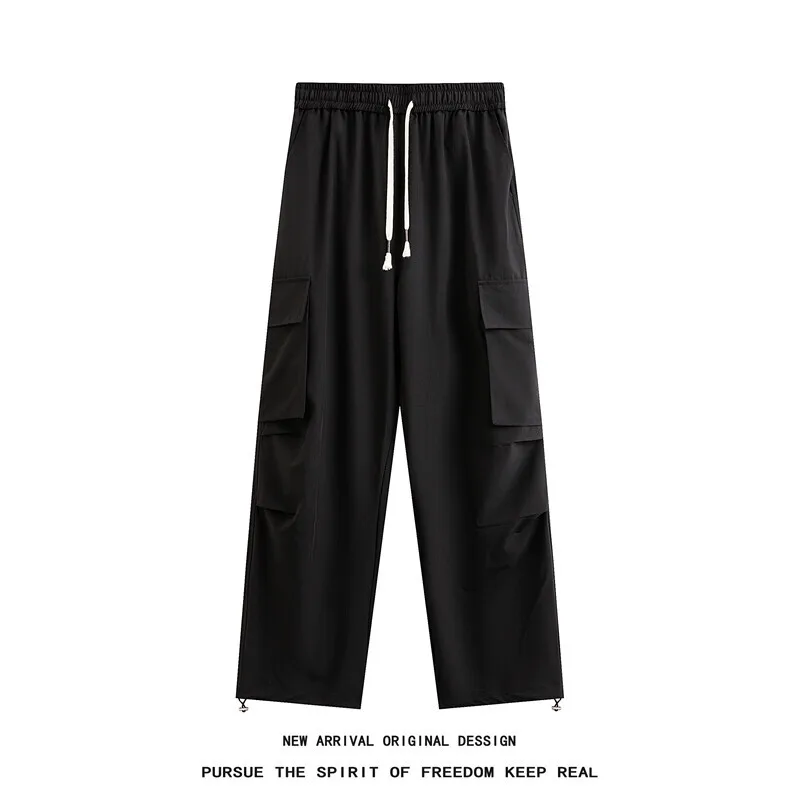 Summer Casual Pants Men Retro Pocket Cargo Pants Men Japanese Streetwear Hip-hop Loose Wide Leg Pants Mens Vintage Trousers