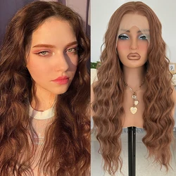 Peluca marrón, pelucas de encaje sintético de onda Natural larga para mujer, peluca marrón rizada suelta, peluca Frontal de encaje, peluca ondulada marrón para Cosplay de uso diario