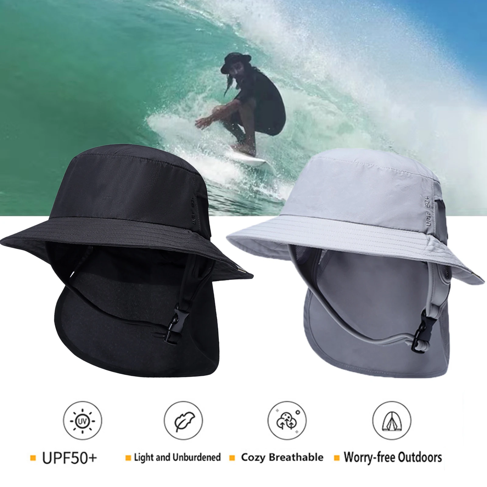 Lightweight Surf Bucket Hat Big Brim Neck Cover Visor Leisure Sun Protection Hat for Cycling Watersports Tourism Surfing Camping