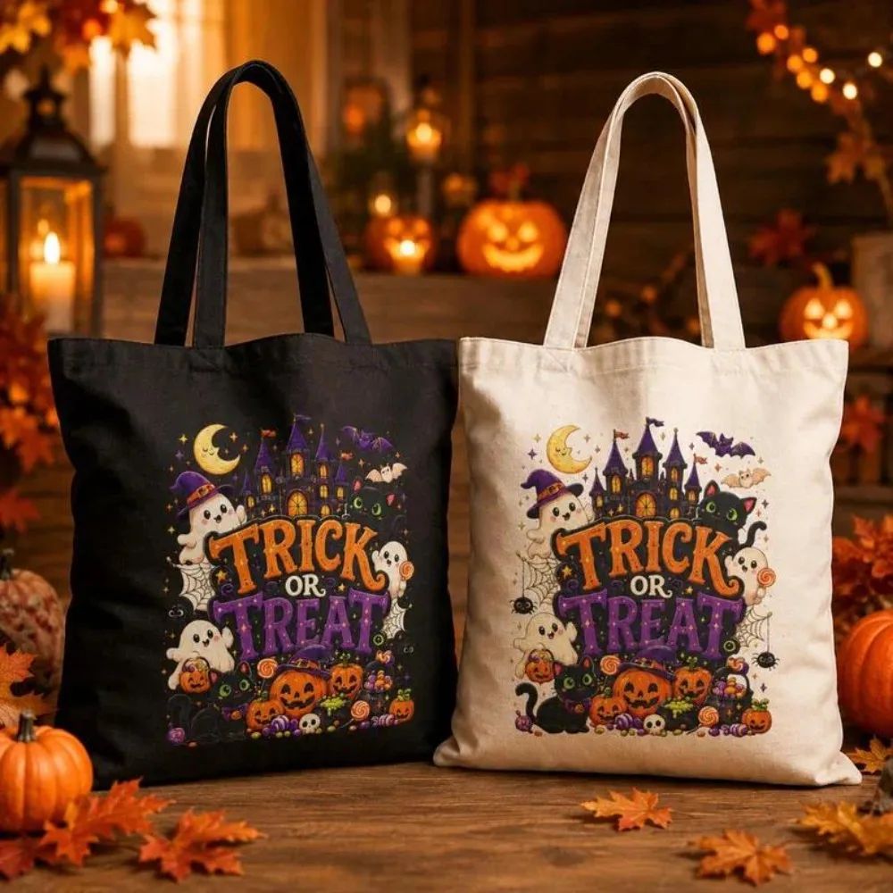 Halloween Tote Bag Trick or Treat Ghost Pumpkin Graphic Cute Spooky Season Reusable Shopping Bag Party Gift