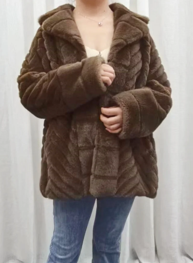 Faux fur ladies blouse jacket new lapel V-print ladies coat thickened thermal jacket 2024 fall-winter new