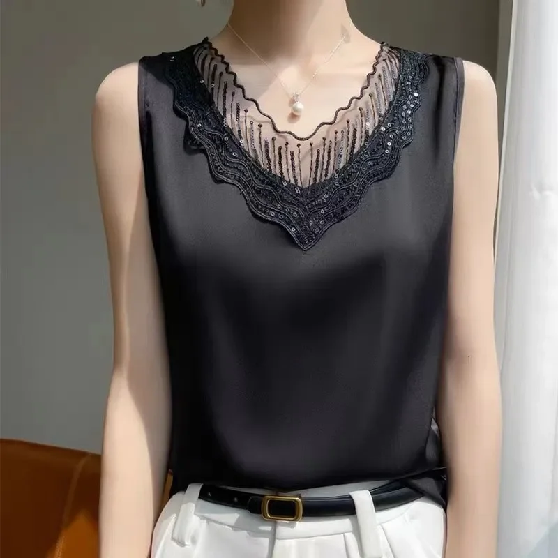 NEW V-Neck Lace Camisole Women's Interior Design Sense Temperament Acetic Acid Satin T-Shirt Sleeveless Bottoming Shirt Top