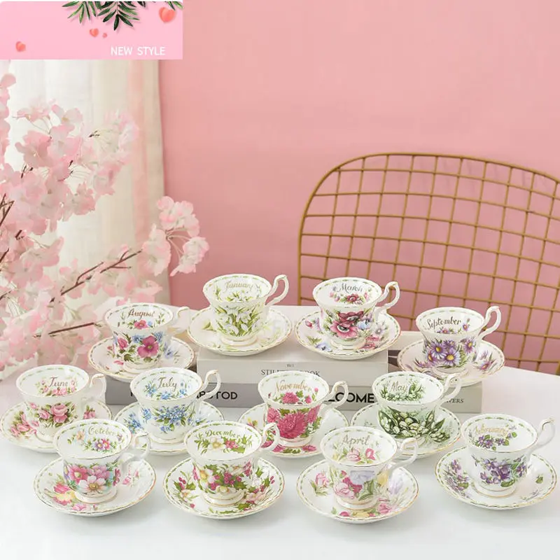 

Royal Bone China Retro Month Flower Coffee Cup Afternoon Teacups and Saucers Gifts