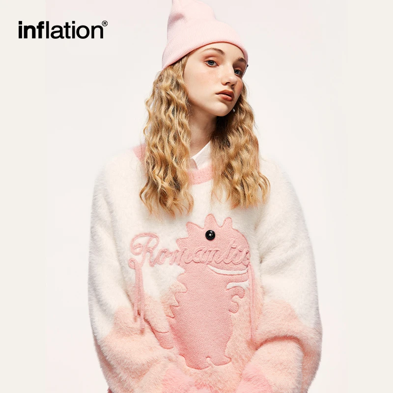 INFLATION Cute Cartoon Embroidery Sweaters Unisex Colorblock Knitwear Jumpers Mens Hip Hop Pullovers