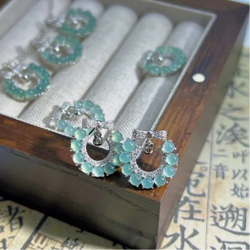 New Chinese-style natural bright green jadeite inlaid women's donut earrings with silver studs, versatile, light luxury, fashion