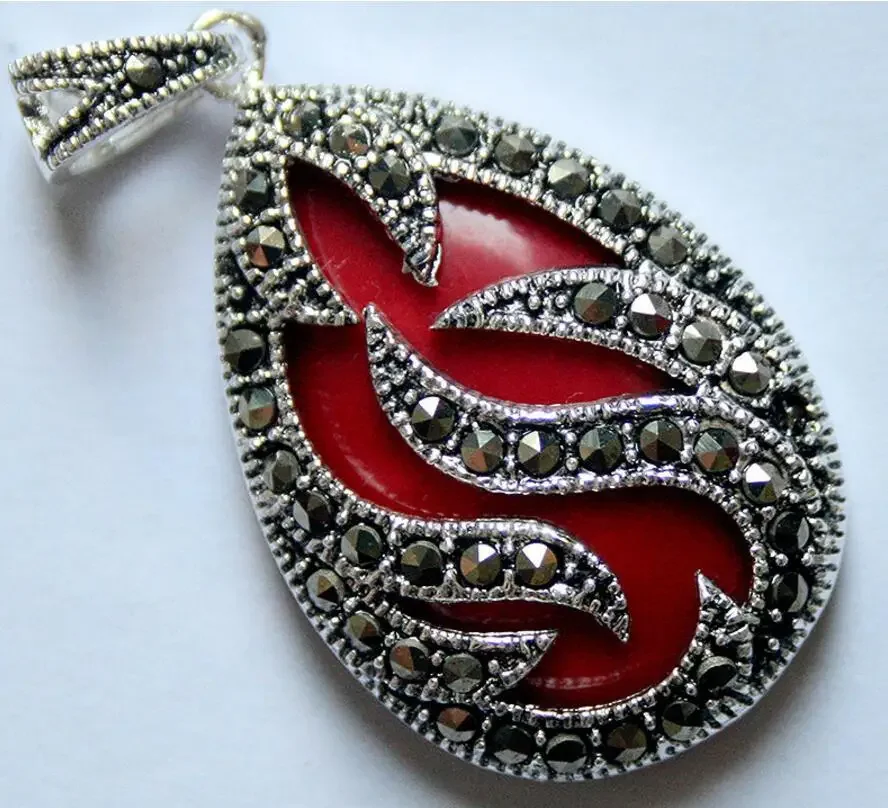 VINTAGE 925 STERLING SILVER INLAY IMITATION RED CORAL MARCASITE PENDANT 30x20MM