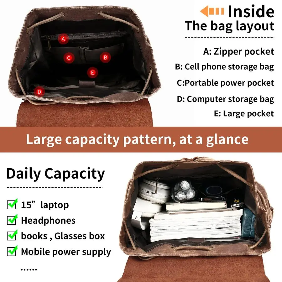 Sac à dos en cuir, sac à dos en toile cirée vintage pour le travail d'ampli de voyage, sac à dos décontracté pour hommes M80 marron