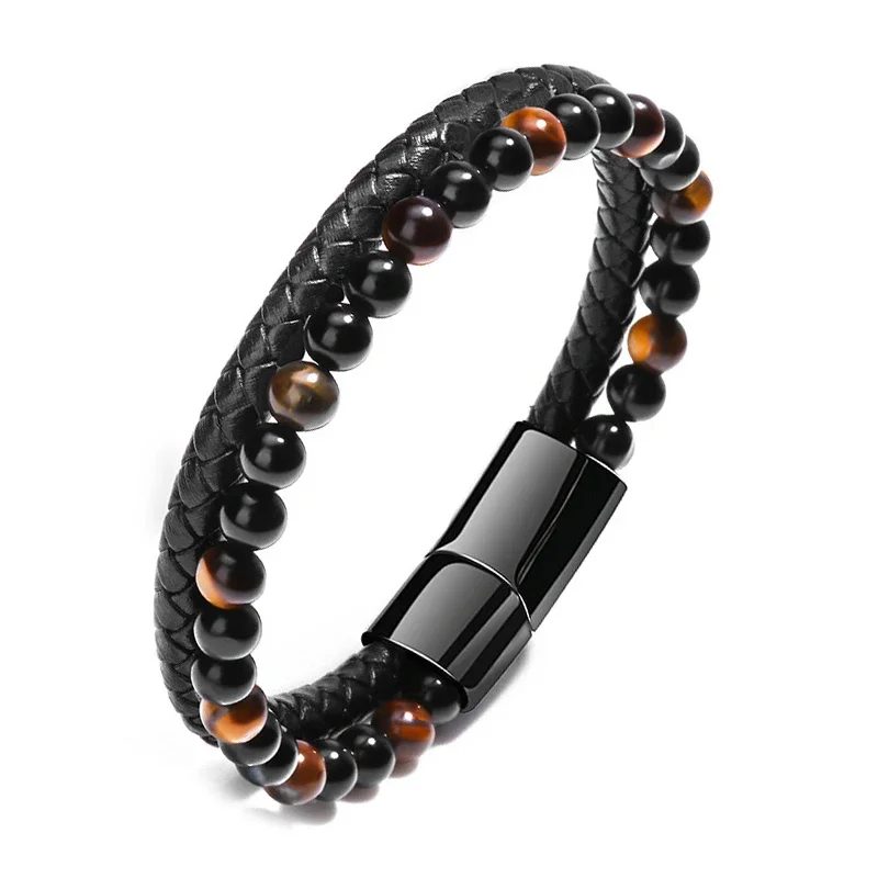 Kirykle High Quality Leather Bracelet Men Classic Fashion Tiger Eye Beaded Multi Layer Leather Bracelet for Men Jewelry Gift