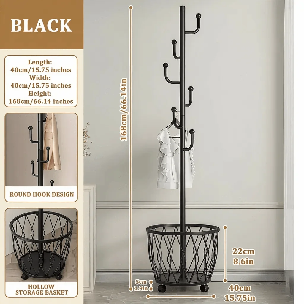 2-in-1 Heavy-Duty Freestanding Rolling Coat Rack with Storage Basket - Mobile Garment Hanger Suitable for Entryway, Bedroom