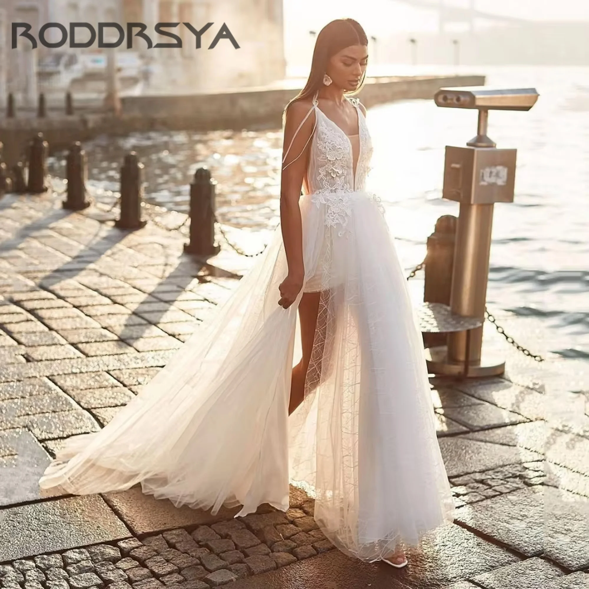 

RODDRSYA A-Line Boho Wedding Dresses High Split V-Neck Bride Dress Lace Up Tulle Illusion Gown 2025 Vestidos De Novia Customized